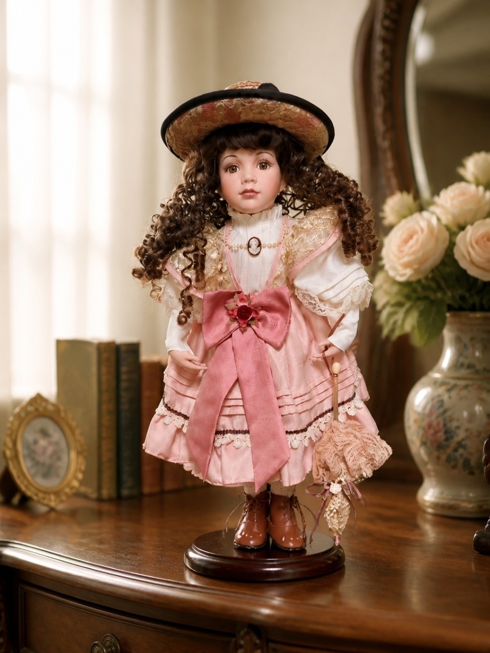 Porcelain Victorian-Style Doll in Pink Dress